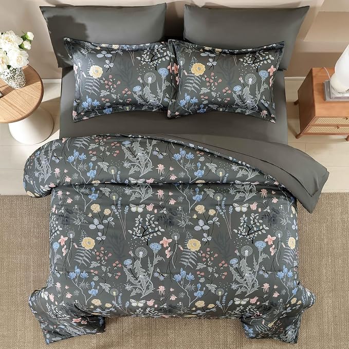 Yiran 7 Piece Grey Floral Comforter Set Queen Size, Botanical Flowers Bed in a - Image 3
