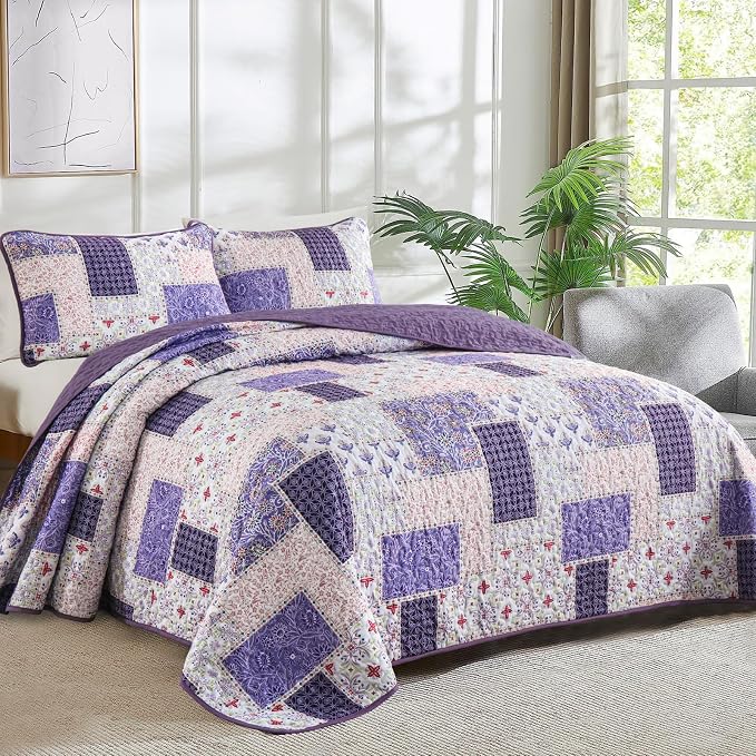 Xruibed Patchwork Quilt Set Queen Size 3 Pieces Purple Floral Plaid Bedspread - Image 2