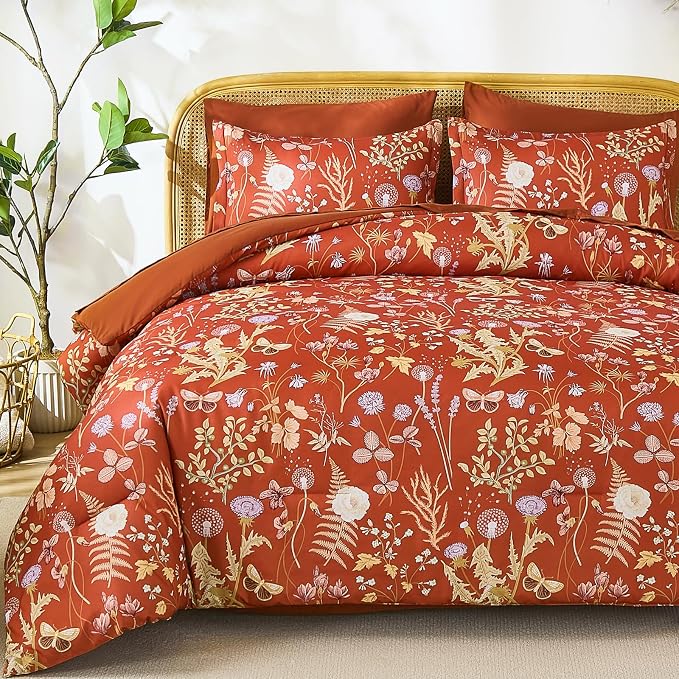 Yiran King Size Comforter Set 7 Piece, Burnt Orange Floral Bedding Set by Yiran
