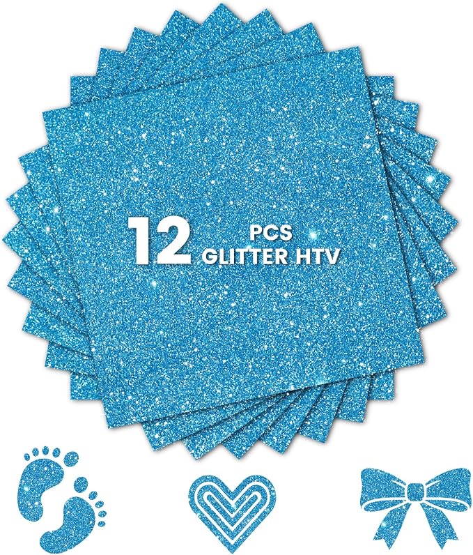 Glitter HTV Heat Transfer Vinyl, Light Blue 12pcs 12" x 10" Iron-on Vinyl | by Unknown