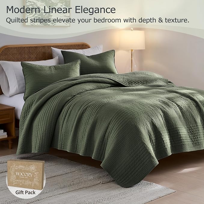 palassio Striped Olive Green 100% Cotton Quilt Queen Size Bedding Sets - Image 2