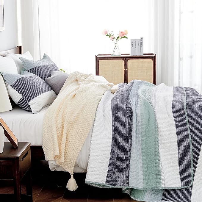 Andency Oversized King Quilt Set Sage Green, 120x120 Stripe Super King - Image 2