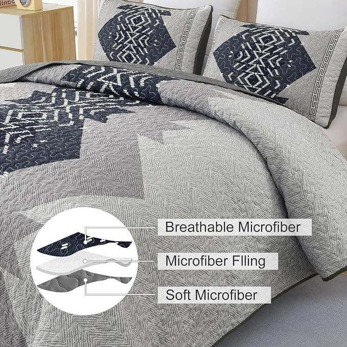 Dintszyayue King Quilt Set Boho, 3 Piece Navy Bedding Coverlet Set Aztec - Image 6