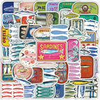 50 Pcs Vintage Sardine Fish Can Stickers, Retro Seafood Tin Label Ocean Fish by Unknown