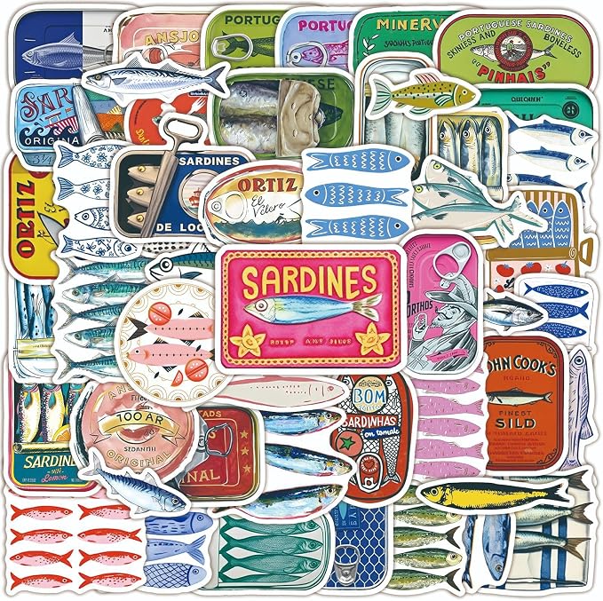 50 Pcs Vintage Sardine Fish Can Stickers, Retro Seafood Tin Label Ocean Fish by Unknown