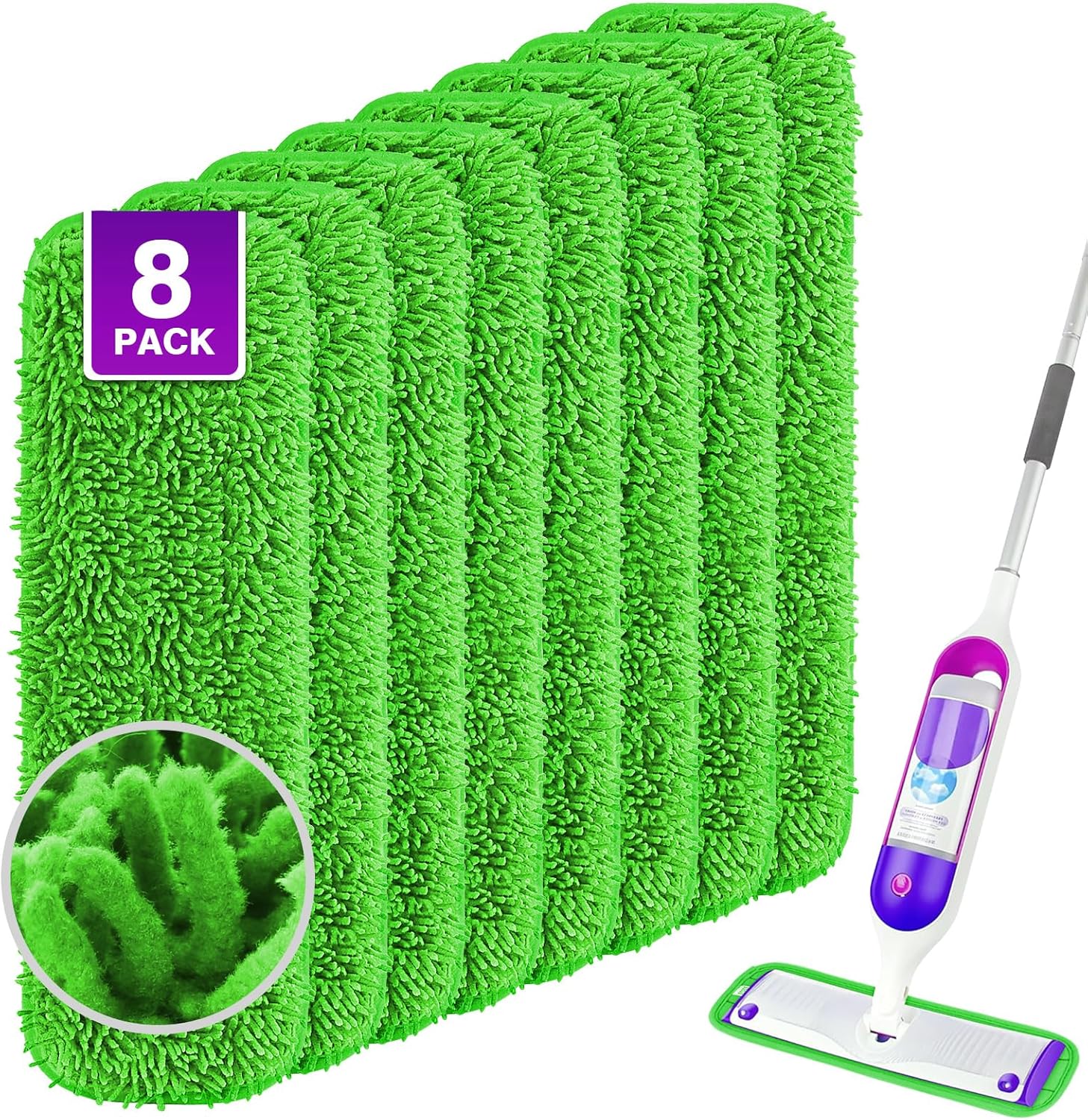 Reusable Mop Pads for Swiffer PowerMop, 8 Pack Microfiber Mop Pad Refill with Scrubber Strips for 13''-15'' SprayMop, Washable Mop Pads Use for Most Floor Types, Designed for Pets - Green