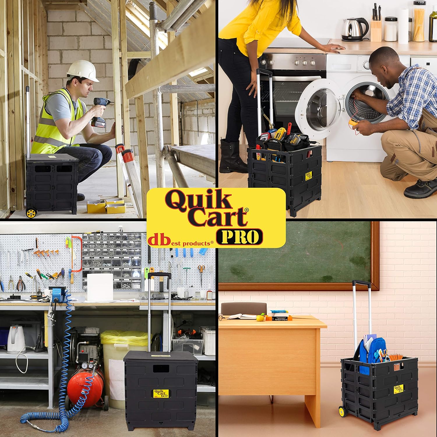 dbest products Quik Cart Pro Wheeled Rolling Crate Teacher Utility with seat Heavy Duty Collapsible Basket with Handle, Black