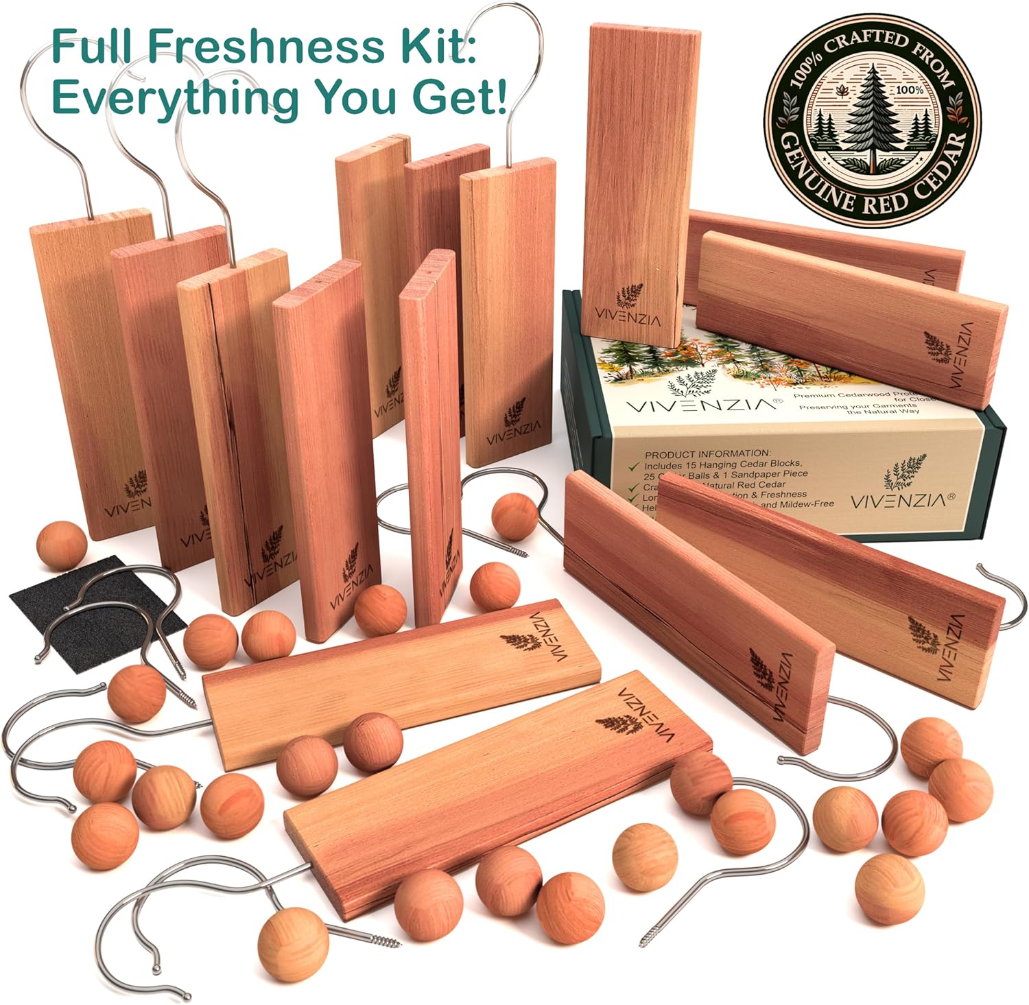 Cedar Blocks for Clothes Storage -40 pcs (15 Hang-ups & 25 Balls)- Cedar Balls for Clothes Storage, Natural Closet Smell Eliminator, Natural Closet Deodorizer, Drawer Fresheners for Dresser.
