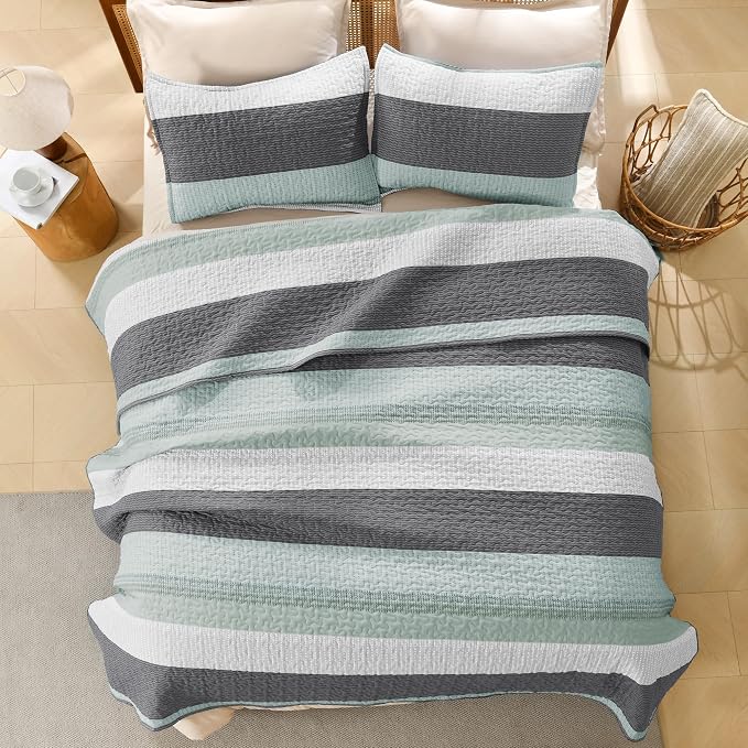 Litanika Quilt Queen Size Sage Green, Stripe Patchwork Summer Bedspread - Image 3