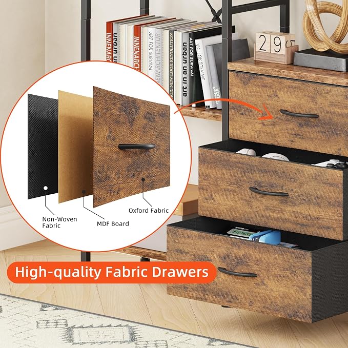 AFLUI Triple Bookshelf with 3 Fabric Drawers, 5-Tier Book Shelf and 10 Display - Image 4