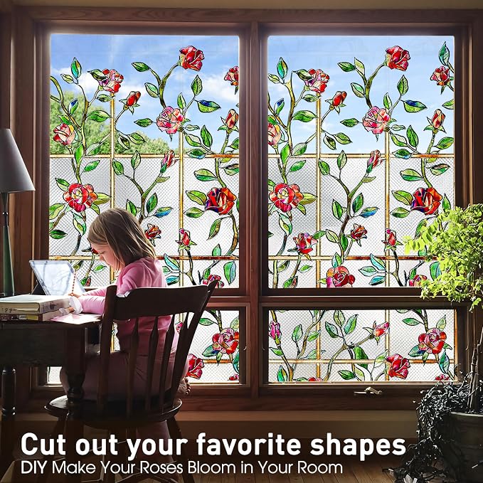 Coavas Window Privacy Film Stained Glass Window Clings 3D Red Rose Decorative - Image 5