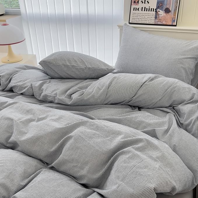mixinni Grey Striped Duvet Cover Twin Size - Image 5