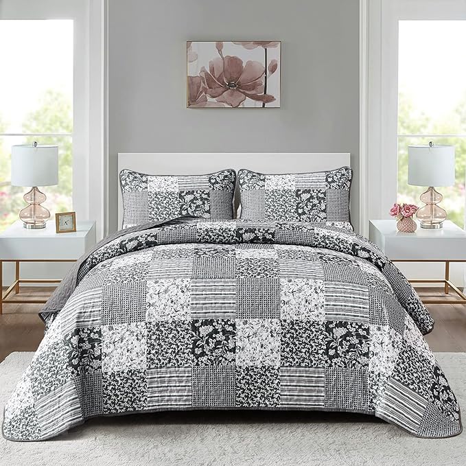 Mybedsoul Black Grey Boho Quilt Set California King Size, 3 Pieces Plaid Floral by Mybedsoul