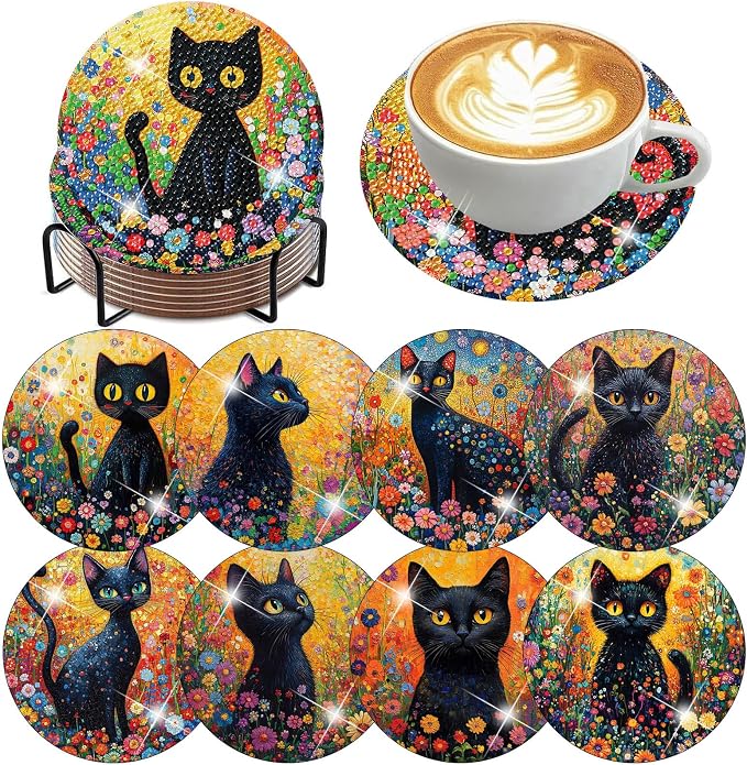 8 Pack Black Cat Diamond Art Coasters Kit for by Zythron