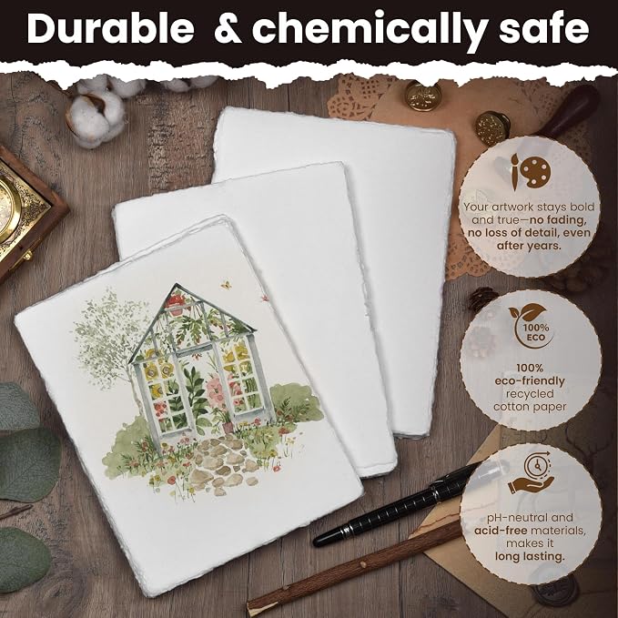 LEATHER VILLAGE Offwhite Deckled Edge Handmade Watercolor Paper 5x7 | 50 Sheets - Image 2