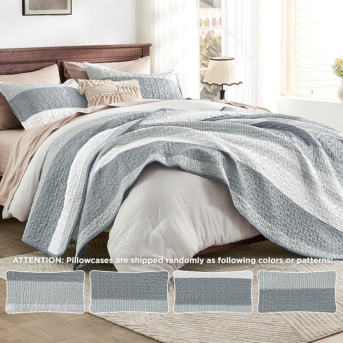 Andency Grey Striped Quilt King, 3 Pieces Patchwork Bedspread Coverlet Set - Image 8