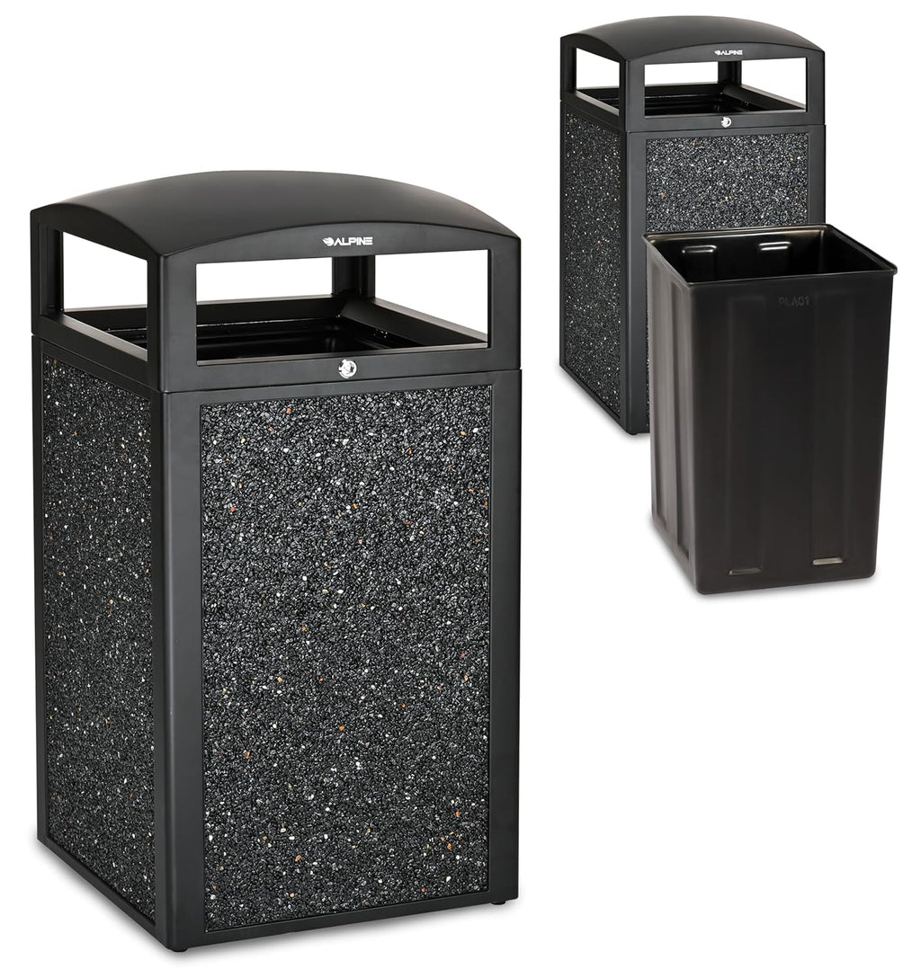 Alpine Outdoor Commercial Trash Can with Lid - 40 Gallon Heavy Duty Metal Garbage Can with Removable Bin, Locking Lid for a Modern Look in Park, Mall & High Traffic Areas - Black, Grey Stone Panels