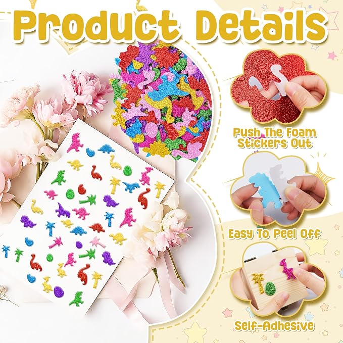 Foam Stickers, 7 Sheets 3D Glitter Foam Dinosaur Stickers - Image 3
