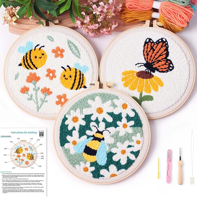3Sets Punch Needle Kit for Adults Beginners, Bee & Butterfly Flowers Embroidery by Unknown