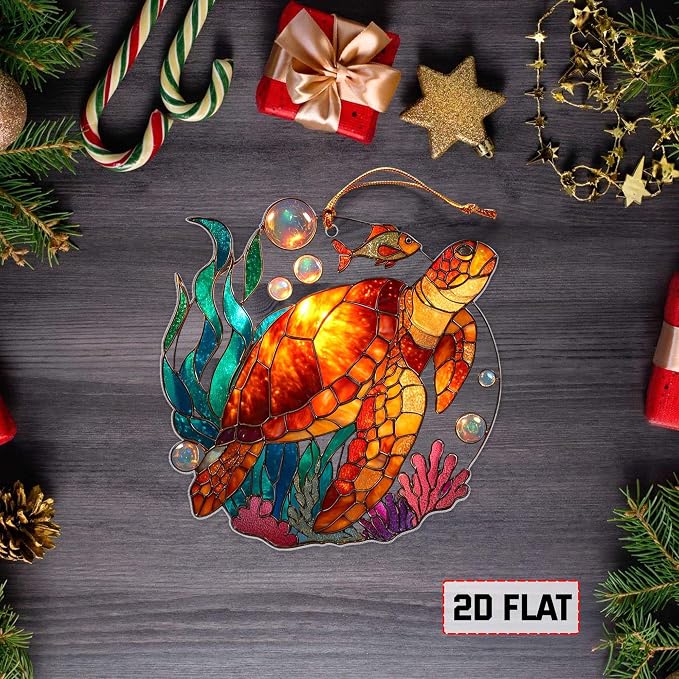 2D Flat Faux Stained Glass Turtle Acrylic Christmas Ornament, Sea Turtle - Image 5