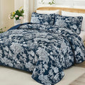 WONGS BEDDING Quilt Set Queen Size, 3 Pieces Navy Blue Floral Plants Printed by WONGSBEDDING