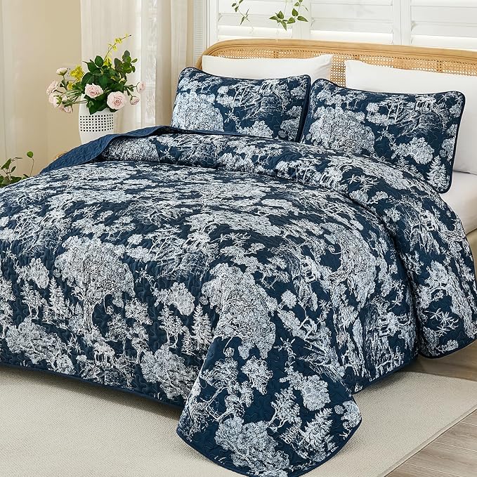 WONGS BEDDING Quilt Set Queen Size, 3 Pieces Navy Blue Floral Plants Printed by WONGSBEDDING