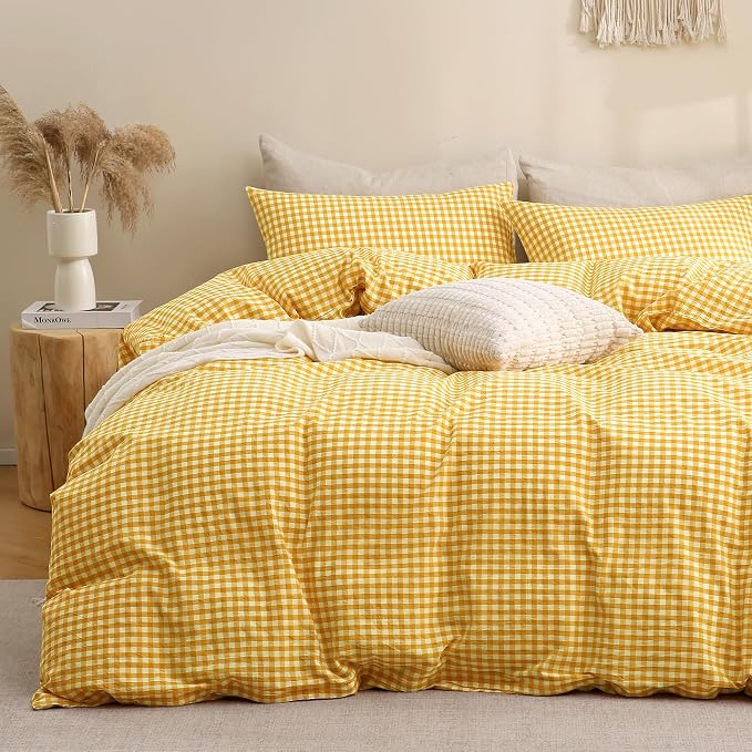 TOCOMOA Yellow Gingham Duvet Cover Bedding Set 100% Washed Cotton Like Linen by TOCOMOA