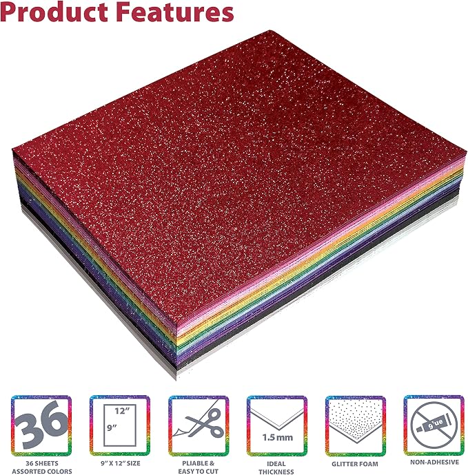 Better Office Products 36 Pack Glitter Foam Sheets, 9 x 12 Inch, - Image 4