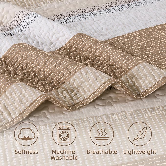 Andency Taupe Striped Quilt King, 3 Pieces Patchwork Bedspread Coverlet Set - Image 5