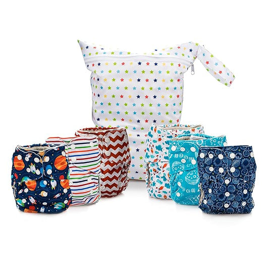 Simple Being Reusable Cloth Diapers, Double Gusset, One Size Adjustable, Washable Soft Absorbent, Waterproof Cover, Eco-Friendly Unisex Baby Girl Boy, six 4-Layers Microfiber Inserts (Space)