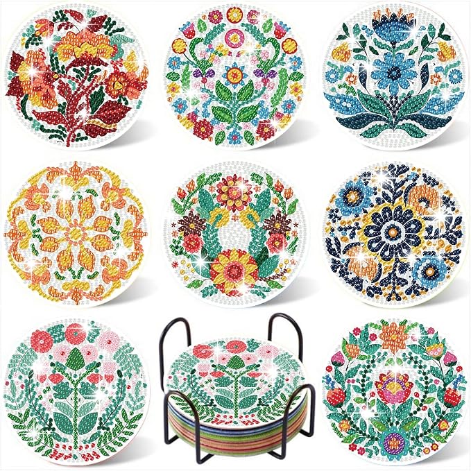 8PCS Flowers Diamond Art Coasters Kits, Diamond Painting Coasters by Gemozaic