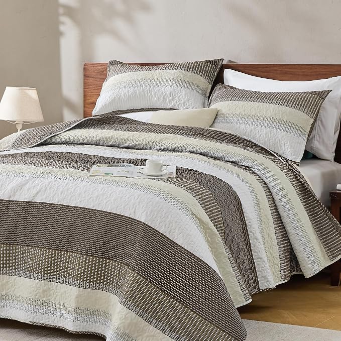 Andency Queen Quilt Bedding Set Mocha Brown, 3 Pieces Patchwork Summer Striped by Andency