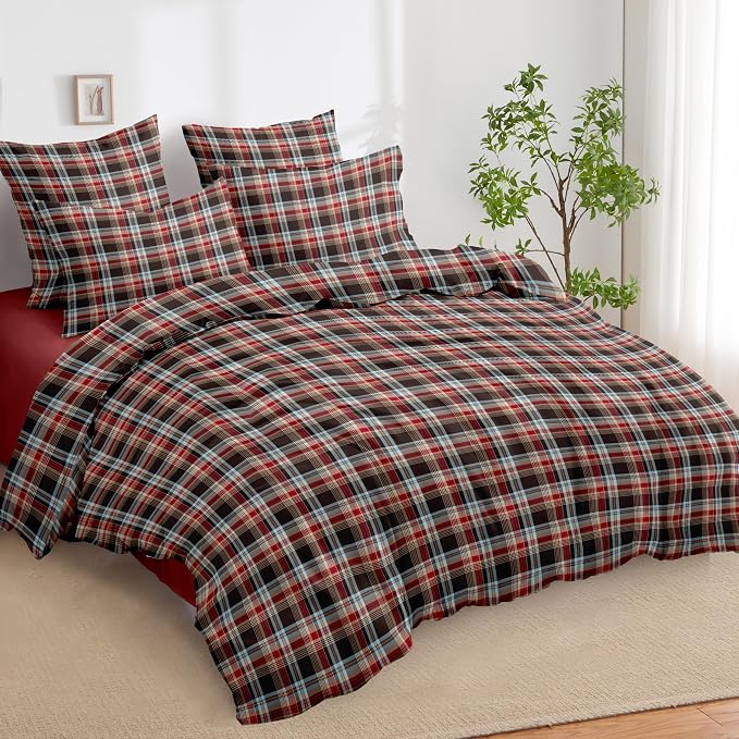 Nayoroom Plaid Duvet Cover Queen Size Vintage Red Brown Gingham Checkered - Image 5