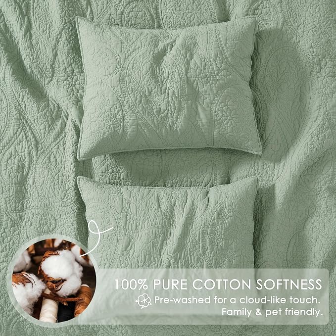palassio Sage Green Paisley 100% Cotton Quilt California Cal King Size Bedding - Image 4