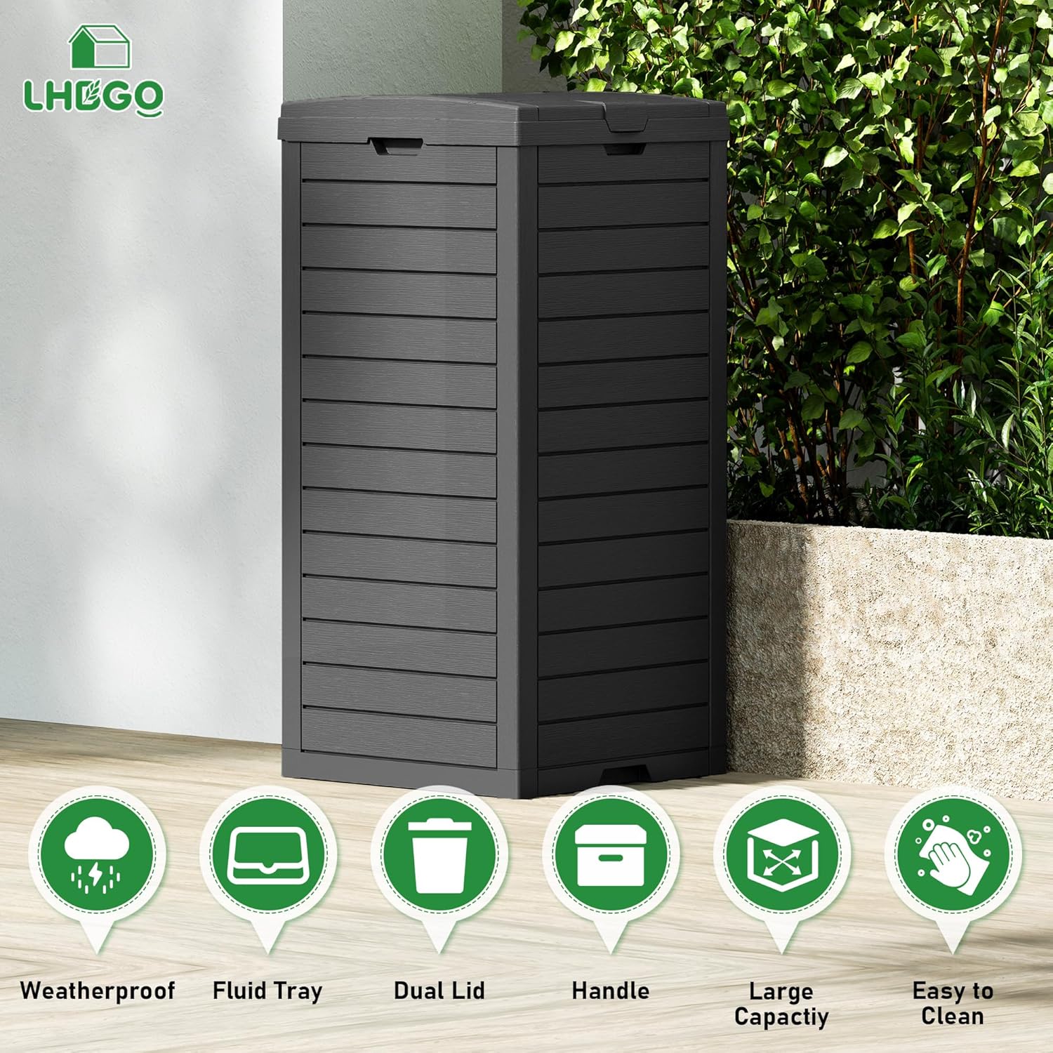 Outdoor Trash Can, 31 Gallon Garbage Can with Tiered Lid and Drip Tray, Waterproof Resin Patio Waste Bin for Garden, Backyard, Deck