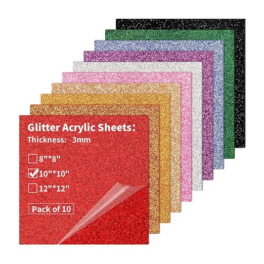 10 Pack Glitter Acrylic Sheets 10 x 10 inch 1/8" Thick 3mm | Cast Plexiglass by gdhwcxl