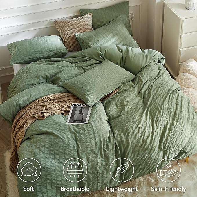 JELLYMONI Dark Green Duvet Cover King Size, Soft Breathable Seersucker Duvet - Image 2