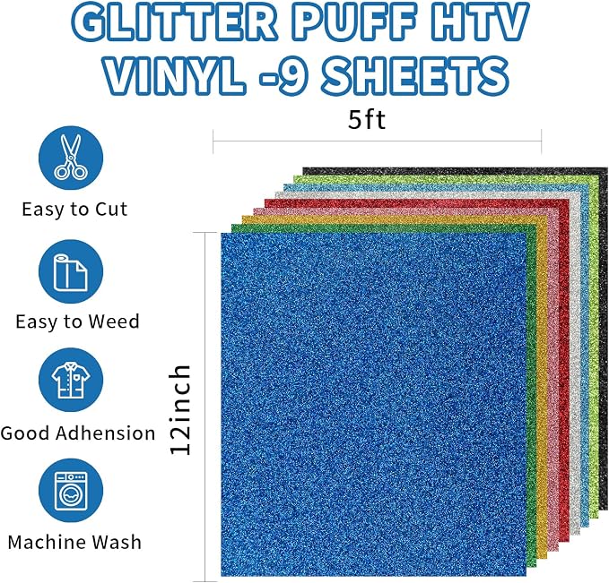3D Puff Vinyl Heat Transfer, 9 Sheets 12" x 10" Glitter Foaming Puff HTV Vinyl - Image 2