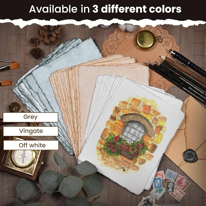 LEATHER VILLAGE Grey Deckled Edge Handmade Watercolor Paper 12x16 | 50 Sheets - Image 9