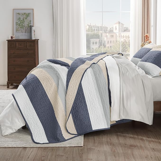 Andency Queen Quilt Bedding Set Yellow Blue, 3 Pieces Patchwork Summer Striped - Image 4