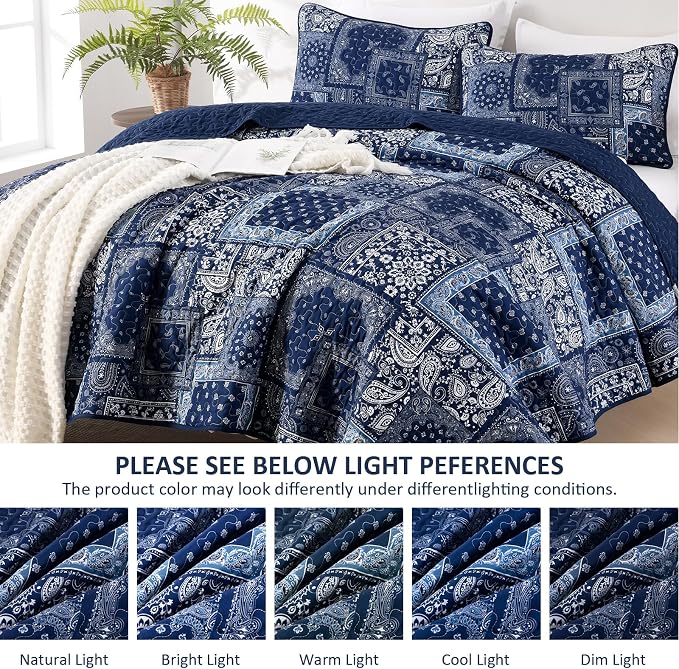 Cottolester Blue Patchwork Quilt Set King Size, Boho Navy Blue Quilt Set - Image 3