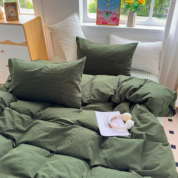 PinkMemory Green Striped Duvet Cover Queen 100% Washed Cotton Olive Green - Image 4