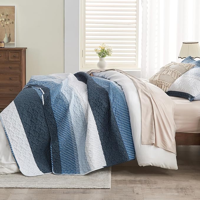 Andency Navy Blue Striped Quilt Set Cal King, 3 Pieces Patchwork Bedspread - Image 4