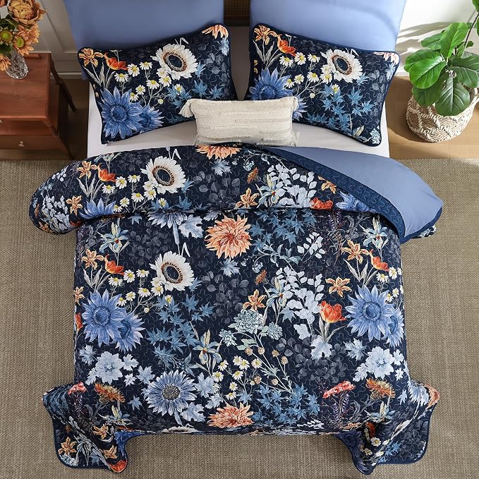 Yiran Navy Blue Sunflower Floral Quilt Set King Size, Botanical Colorful - Image 4