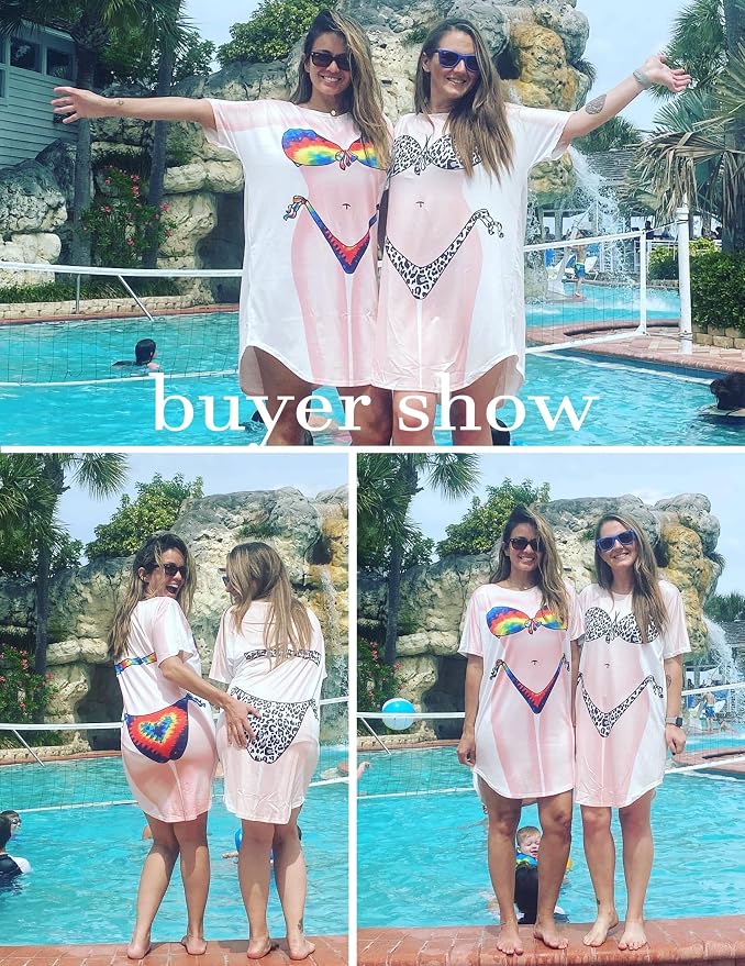 Ekouaer Women's Bikini Shirt Cover Up Short Sleeve Cute Bikini Print Cover-Up - Image 2