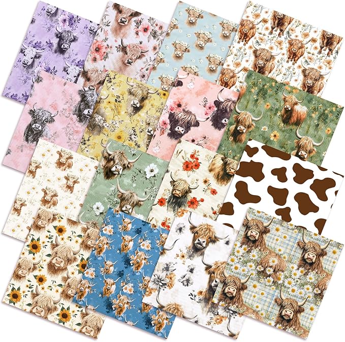 Tudomro 16 Pcs 10 x 10 Inch Highland Cow Quilting Fabric Square Cow Precuts by Tudomro