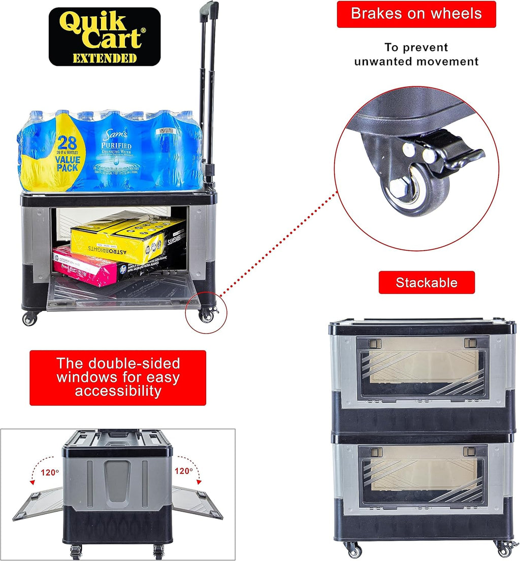 dbest products Quik Cart Extended Four Wheeled Rolling Crate Teacher Utility with seat Dual Accessible Doors Heavy Duty Collapsible Basket with Two Position Handle