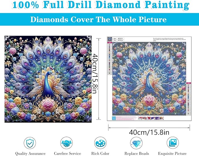Meothan Diamond Art Kits for Adults, 5D DIY Colorful Peacock Diamond Painting - Image 3