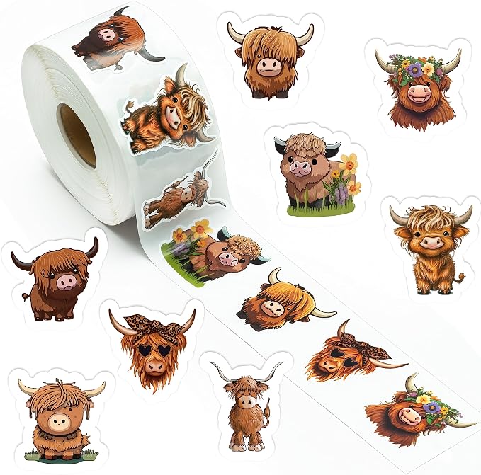 800Pcs Cute Highland Cow Roll Stickers Hyland Cattle Decals | 8 Styles by Dvbonike
