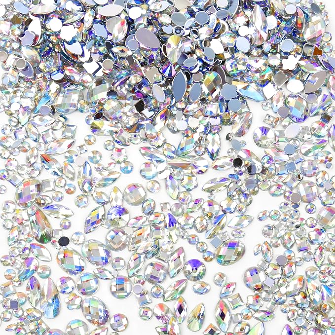 1200Pcs Crystal Gems for Crafts Mix Sizes Flatback Rhinestone Acrylic AB by Jyukan